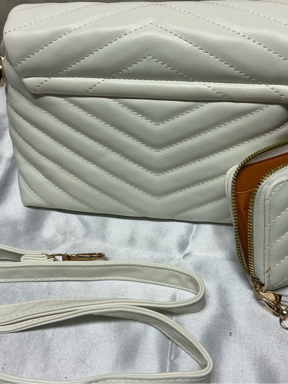 White Quilted Chevron Crossbody Bag with Removable Strap